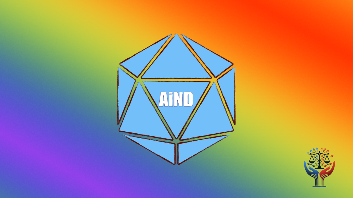 Adversity Brings Clarity, Clarity Brings Ingenuity Logo with a blue geometric shape and the text "AIND" on a rainbow gradient background.