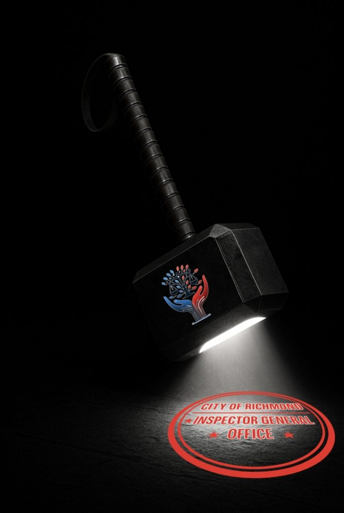 Bridging the Gap A hammer with a glowing logo illuminates the circular design beneath it.