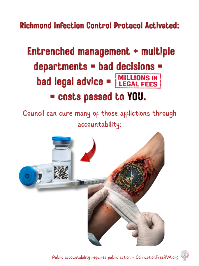 Flyer—Bad Managers Cost Taxpayers Richmond Infection Control Protocol with a syringe and a bandaged arm, emphasizing poor decisions.