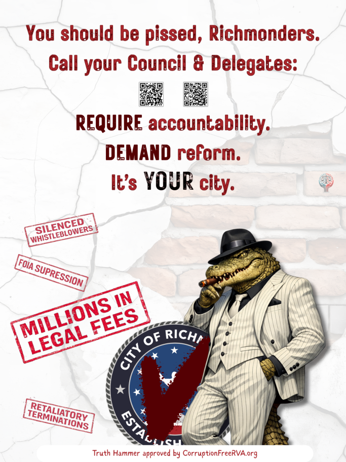 Flyer—Wasting Millions on Legal Fees A cartoon alligator in a suit encourages accountability from city officials.