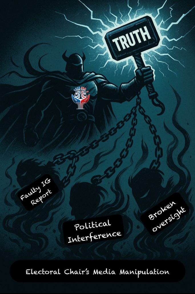 The Leash and How to Train Your Public Officials… A figure representing truth holds a sign, surrounded by chains and words about manipulation.