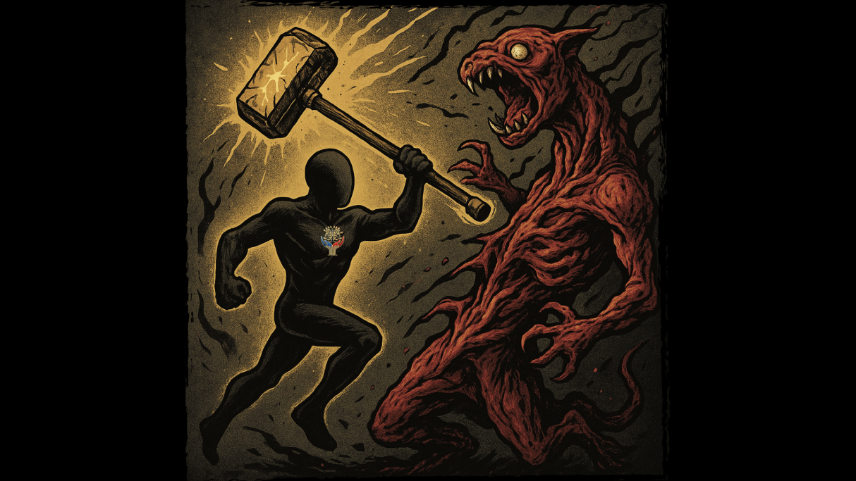 Triple Down and Ohhhhh A dark figure wields a large hammer against a menacing red creature.