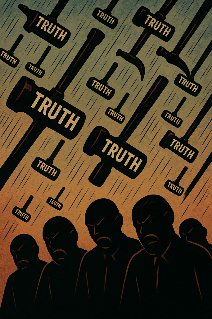 Raining Hammers Silhouettes of people against a background of hammers labeled "Truth" raining down.