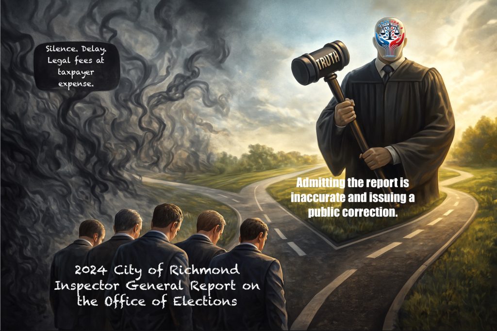 Fork in the Road A judge with a gavel stands over a group of men at a crossroads, symbolizing justice and choice.